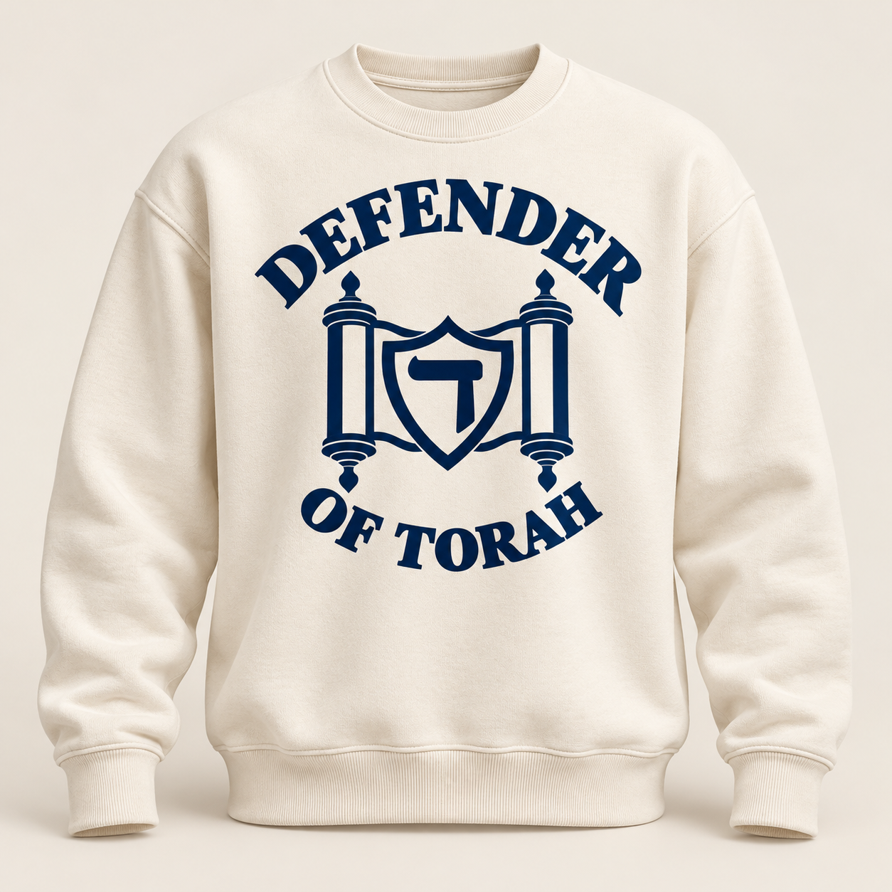 The Signature Crewneck in cream / navy, with the Defender of Torah logo