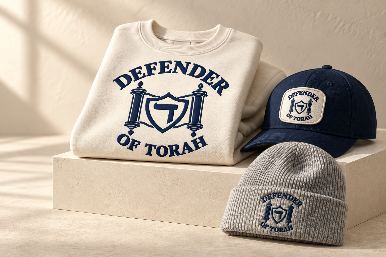 Defender of Torah sweatshirt, cap and beanie in the navy, cream and gray collection